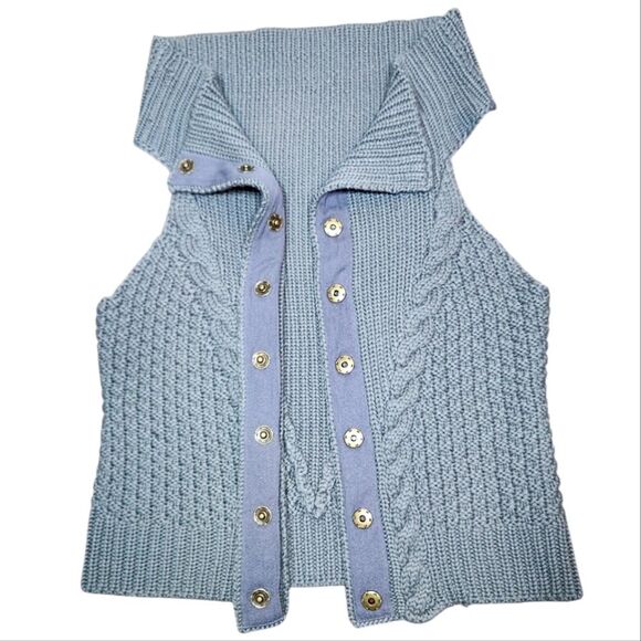 Soft Surroundings Wool Sweater Vest Chunky Cable Knit Gray Button Down Cowl Neck - Picture 1 of 13